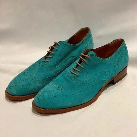 Antonio Maurizi Sea Green Suede Leather Turquoise Wingtip Oxford 42 - Picture 1 of 3